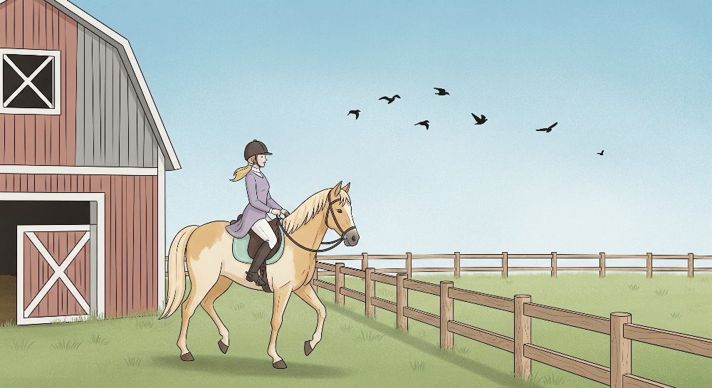 Flat artwork of the Kids-Mundo girl riding a golden horse past a barn mural design