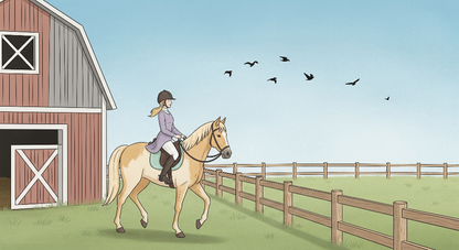 Flat artwork of the Kids-Mundo girl riding a golden horse past a barn mural design