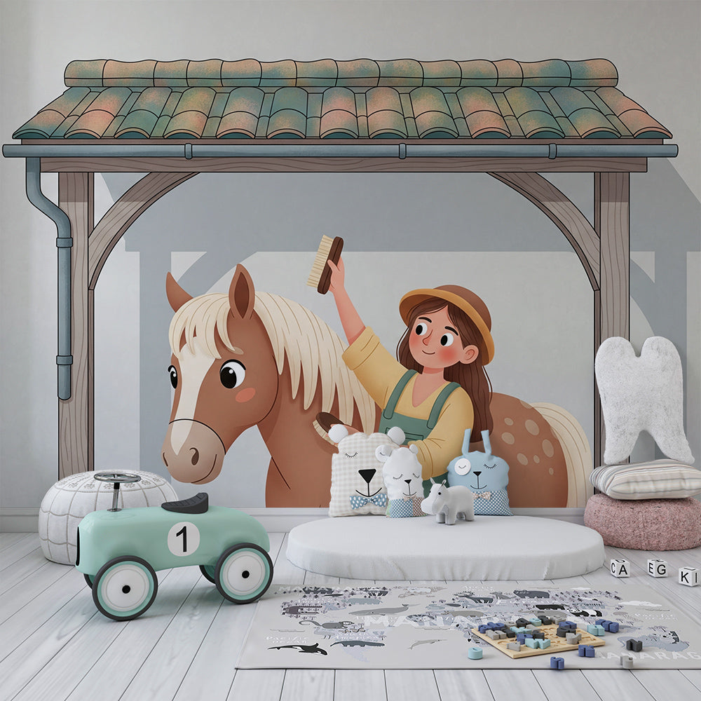 Kids-Mundo girl and pony stable wall mural shown in a cosy child's bedroom