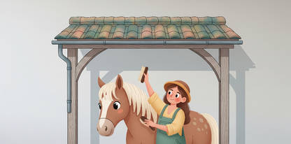 Kids-Mundo flat artwork preview of the girl grooming a pony under a stable mural
