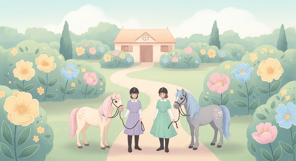 Girls and Ponies in a Flower Garden Wall Mural