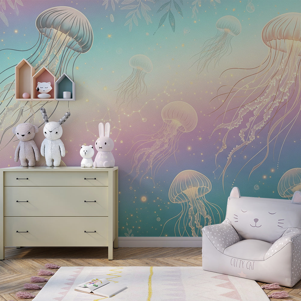 Kids-Mundo jellyfish wall mural adding a magical glow to an ocean-themed playroom