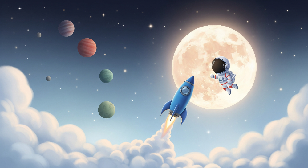Astronaut and Rocket by a Glowing Moon Wall Mural