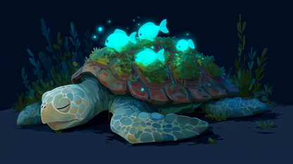 Kids-Mundo flat artwork of a sleeping turtle with glowing blue fish on a navy seabed