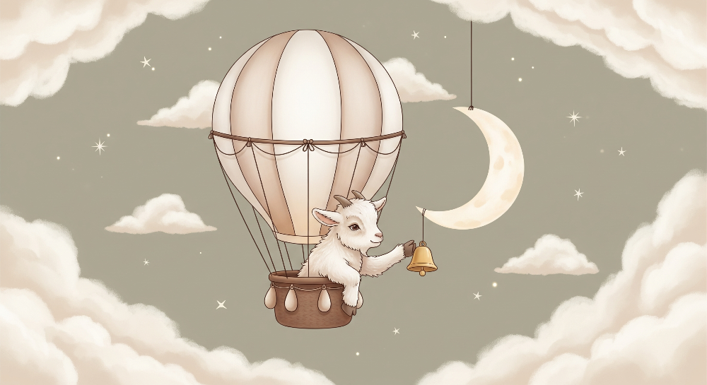 Kids-Mundo flat artwork of a baby goat in a hot air balloon beneath the moon