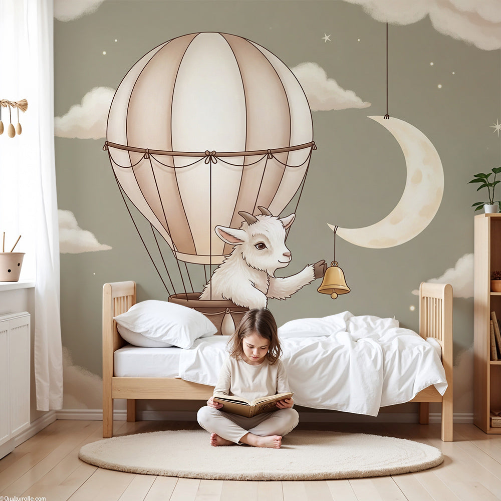 Kids-Mundo baby goat hot air balloon wall mural styled in a sage green nursery