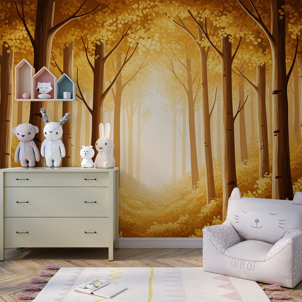 Kids-Mundo sunlit woodland wallpaper mural as a feature wall in a playroom