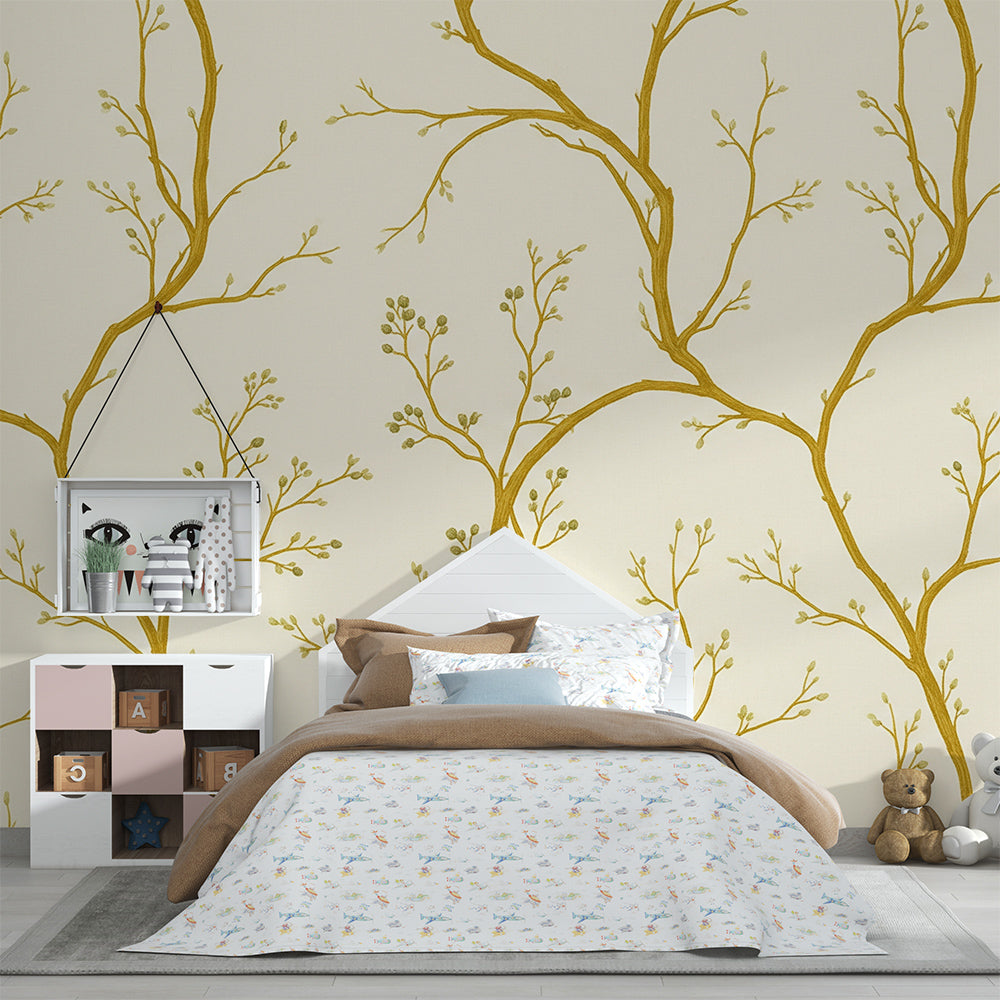 Kids-Mundo golden branch wall mural featured above a bed in a bright kids bedroom