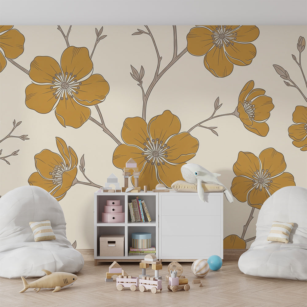 Kids-Mundo golden floral line wallpaper mural styled in a bright playroom
