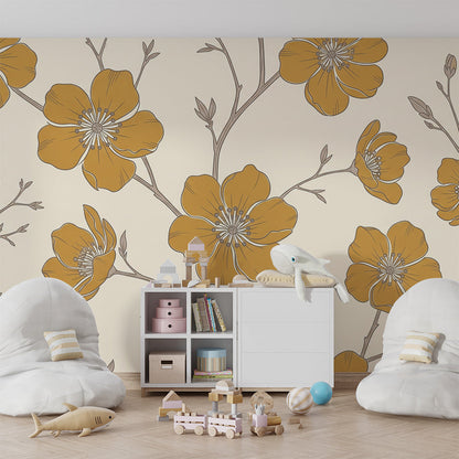 Kids-Mundo golden floral line wallpaper mural styled in a bright playroom