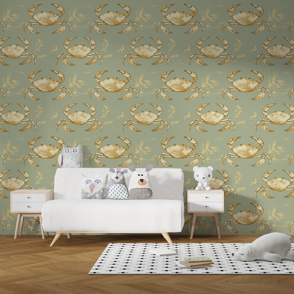 Marine crab mural wallpaper transforming children's playroom into ocean sanctuary