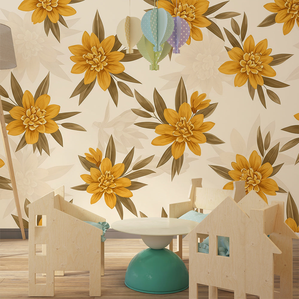 Kids-Mundo dahlia flower mural on a wall behind a cot in a cosy baby's bedroom