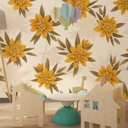 Kids-Mundo dahlia flower mural on a wall behind a cot in a cosy baby's bedroom