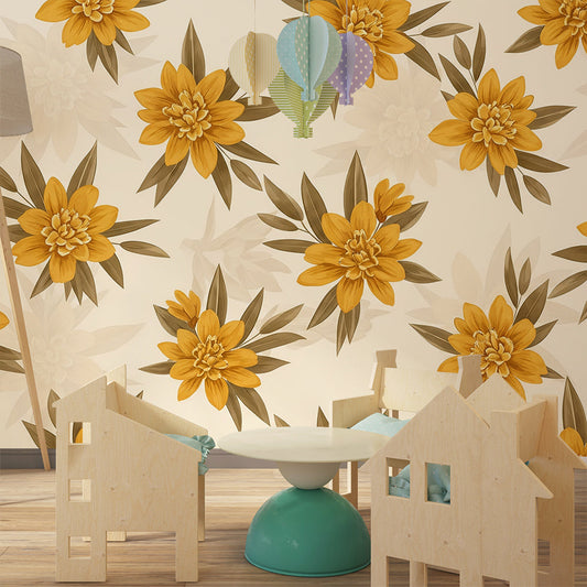 Kids-Mundo dahlia flower mural on a wall behind a cot in a cosy baby's bedroom
