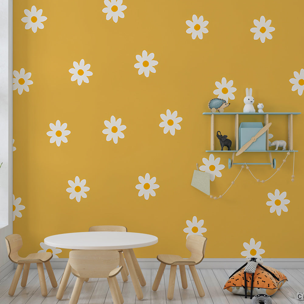 Kids-Mundo daisy wall mural styled as a cheerful accent wall in a children's bedroom
