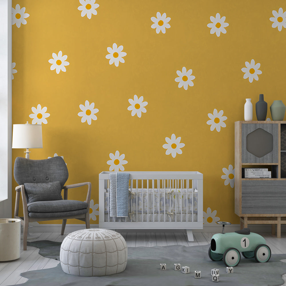 Kids-Mundo yellow daisy wall mural brightening a playful children's playroom wall