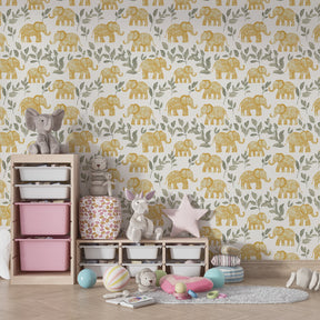 Safari elephant wallpaper creating magical children's bedroom with natural decor elements