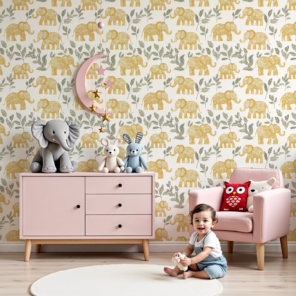Golden elephant mural wallpaper in modern nursery with wooden crib by Kids-Mundo