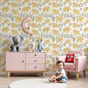 Golden elephant mural wallpaper in modern nursery with wooden crib by Kids-Mundo
