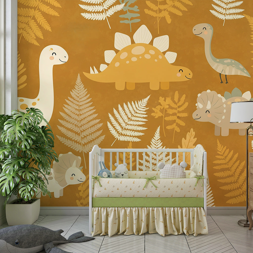 Kids-Mundo dinosaur wall mural covering a child's bedroom feature wall in soft mustard tones.