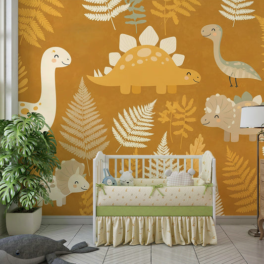 Kids-Mundo dinosaur wall mural covering a child's bedroom feature wall in soft mustard tones.