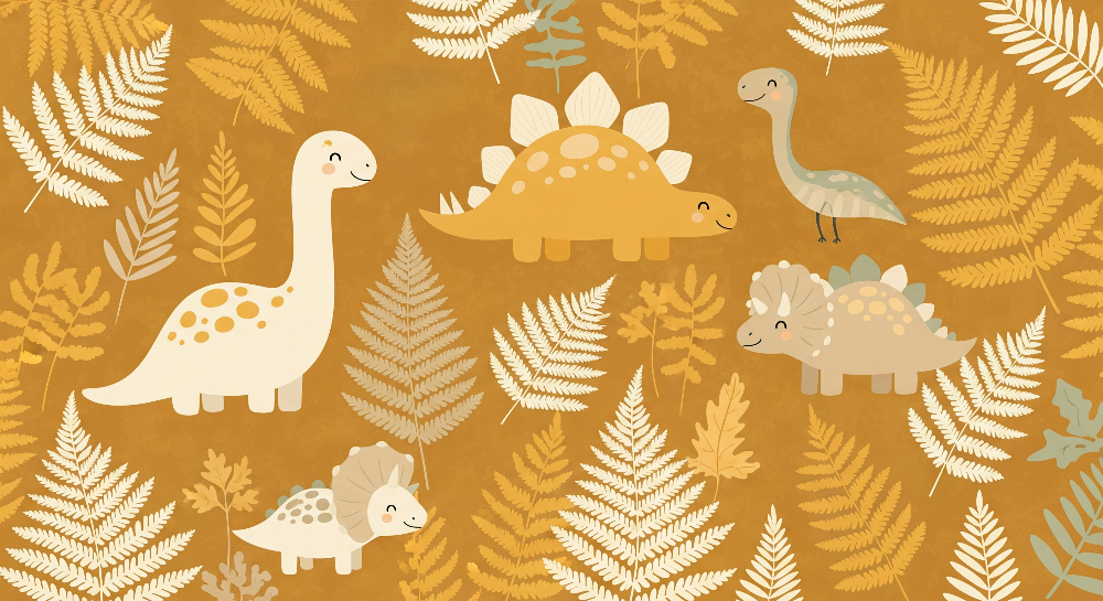 Kids-Mundo flat artwork preview of the golden fern forest dinosaur wall mural design.