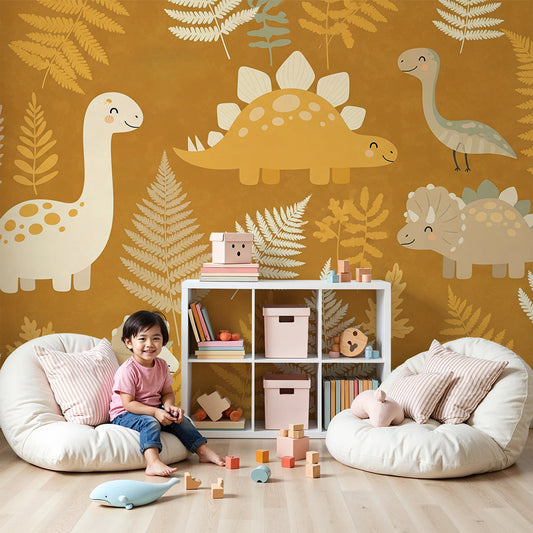 Kids-Mundo golden fern forest dinosaur wall mural styled in a warm, sunlit nursery corner.