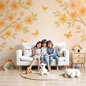 Golden flowers and butterflies mural wallpaper in elegant nursery room by Kids-Mundo