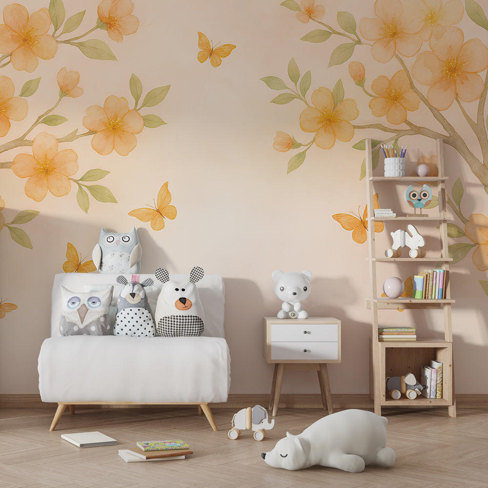 Butterfly and flower wallpaper transforming children's room into peaceful garden space