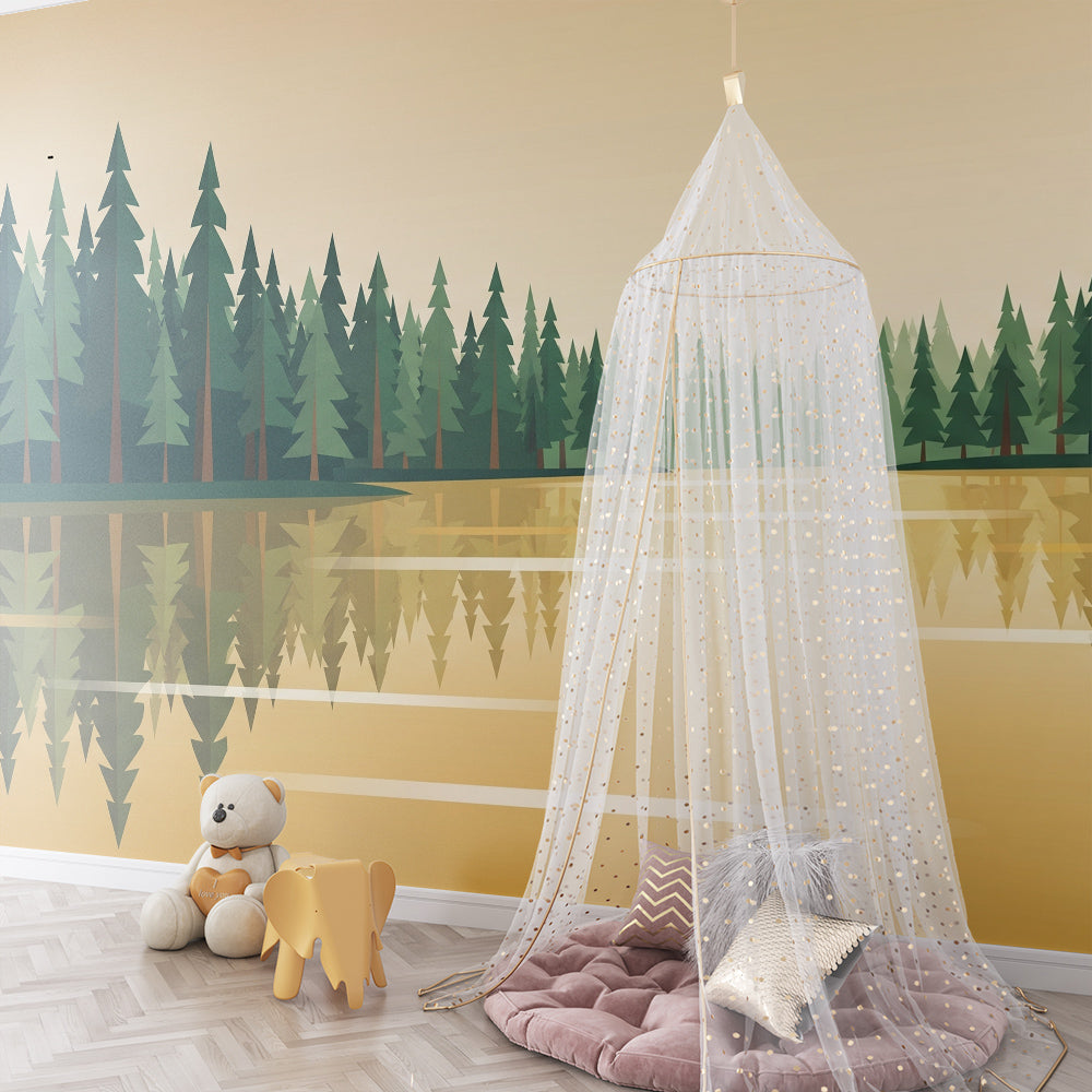 Kids-Mundo golden pine forest mural brightening a children's playroom wall space