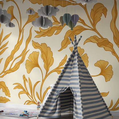 Kids-Mundo ginkgo vine mural covering a wall behind a bed in a cosy bedroom