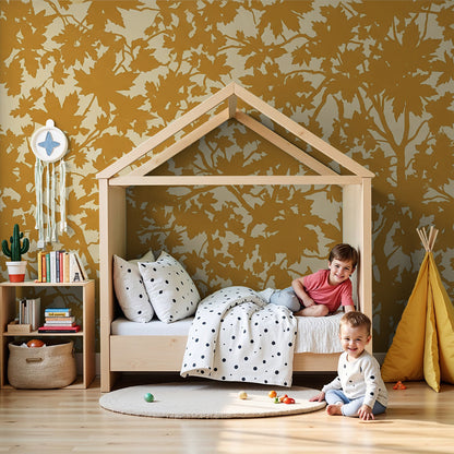 Kids-Mundo golden maple leaf wall mural in a soft, sunlit nursery corner