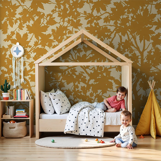 Kids-Mundo golden maple leaf wall mural in a soft, sunlit nursery corner