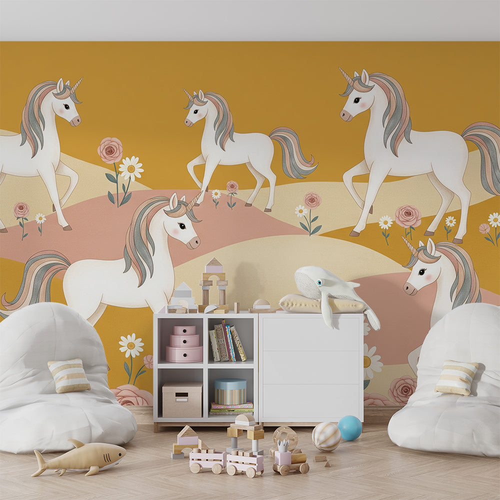 Kids-Mundo unicorn wall mural in a girl's bedroom, unicorns trotting across rolling golden hills