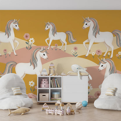 Kids-Mundo unicorn wall mural in a girl's bedroom, unicorns trotting across rolling golden hills