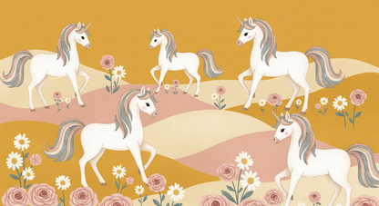 Kids-Mundo flat artwork print of five unicorns crossing a rose-filled golden meadow mural design