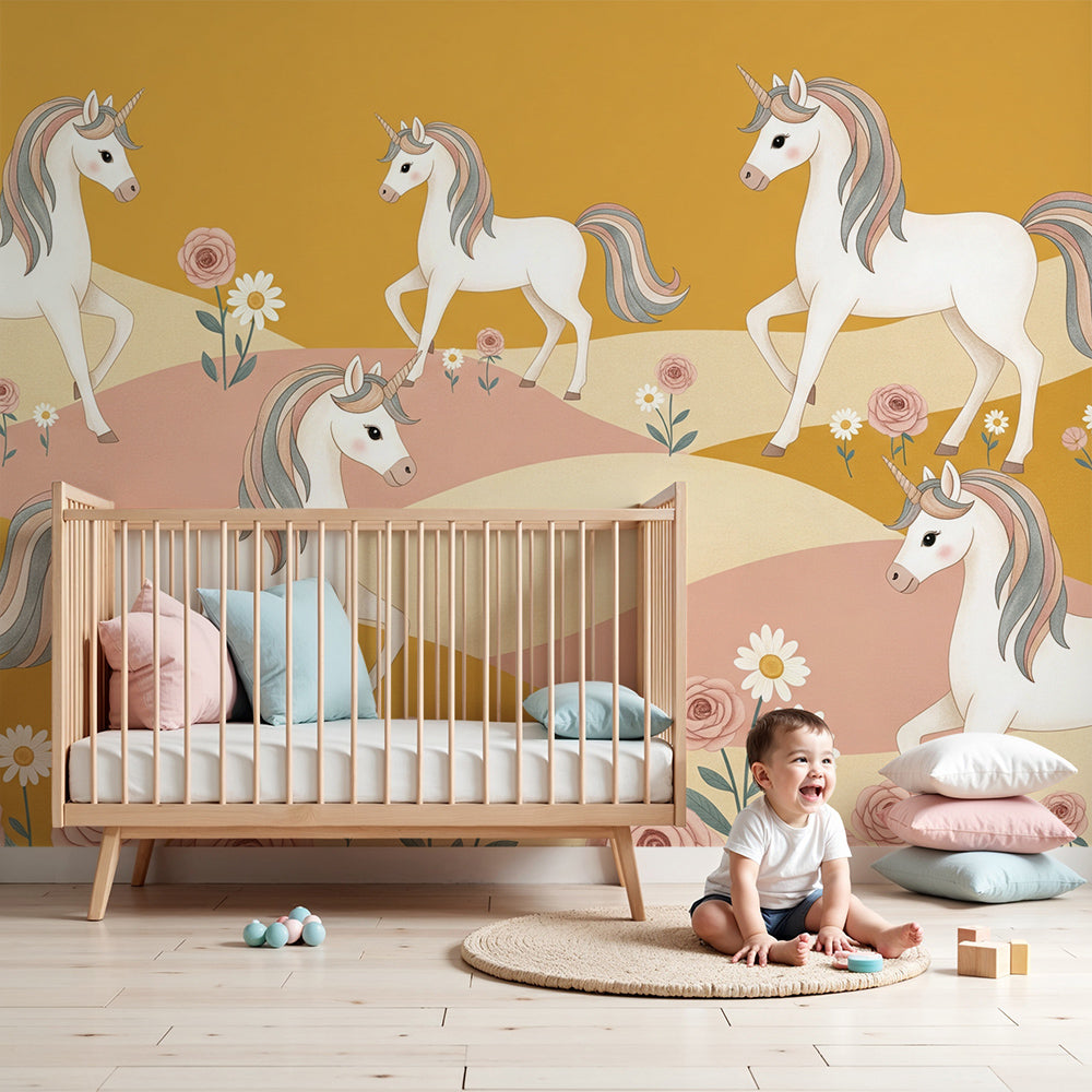 Kids-Mundo unicorn nursery wallpaper mural with a herd of unicorns crossing a golden, rose-filled meadow