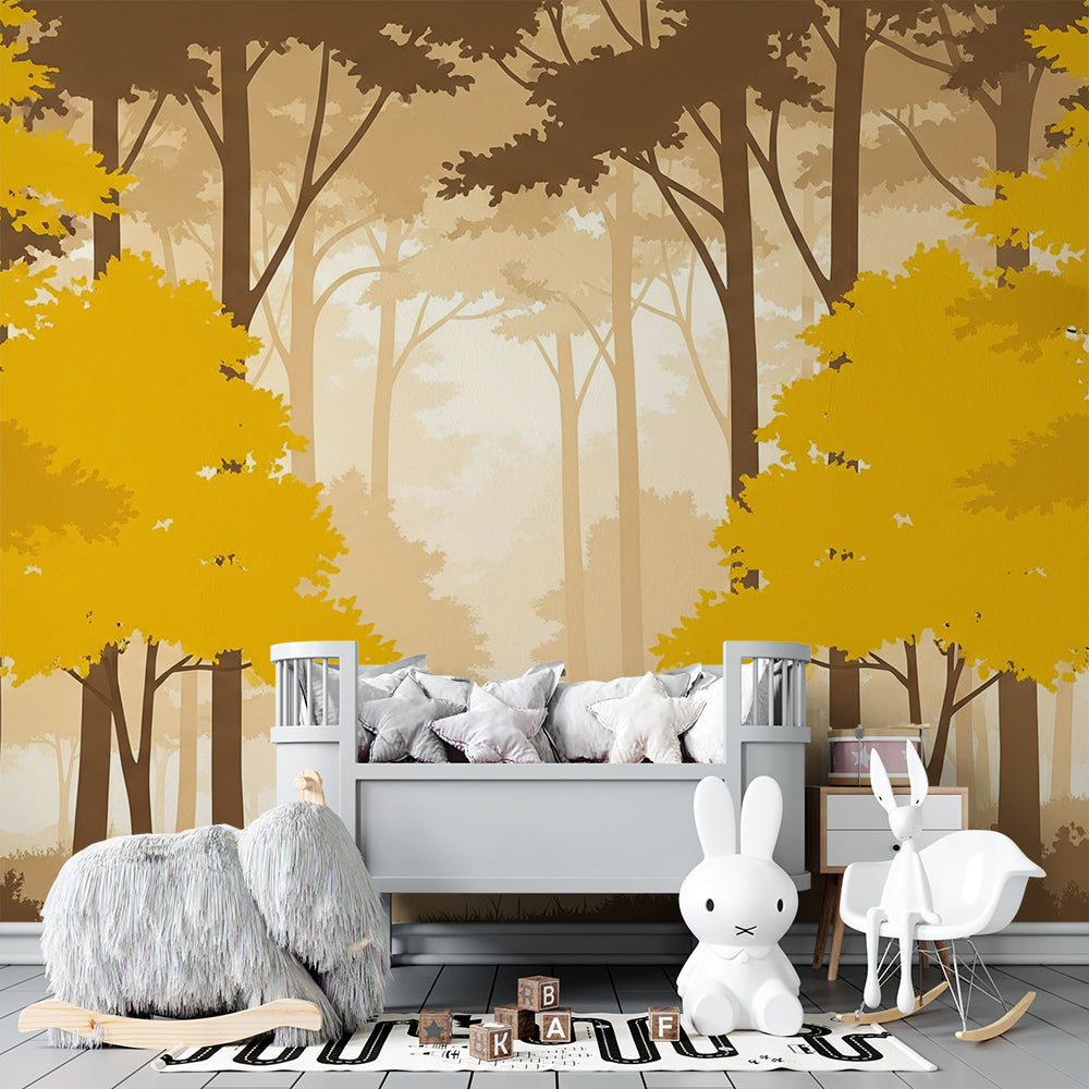 Kids-Mundo golden mist forest wall mural filling a wall in a peaceful kids bedroom
