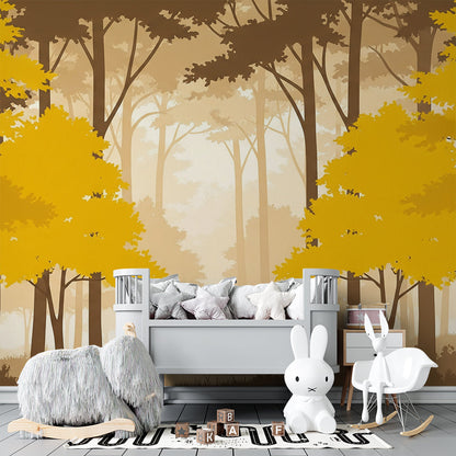 Kids-Mundo golden mist forest wall mural filling a wall in a peaceful kids bedroom