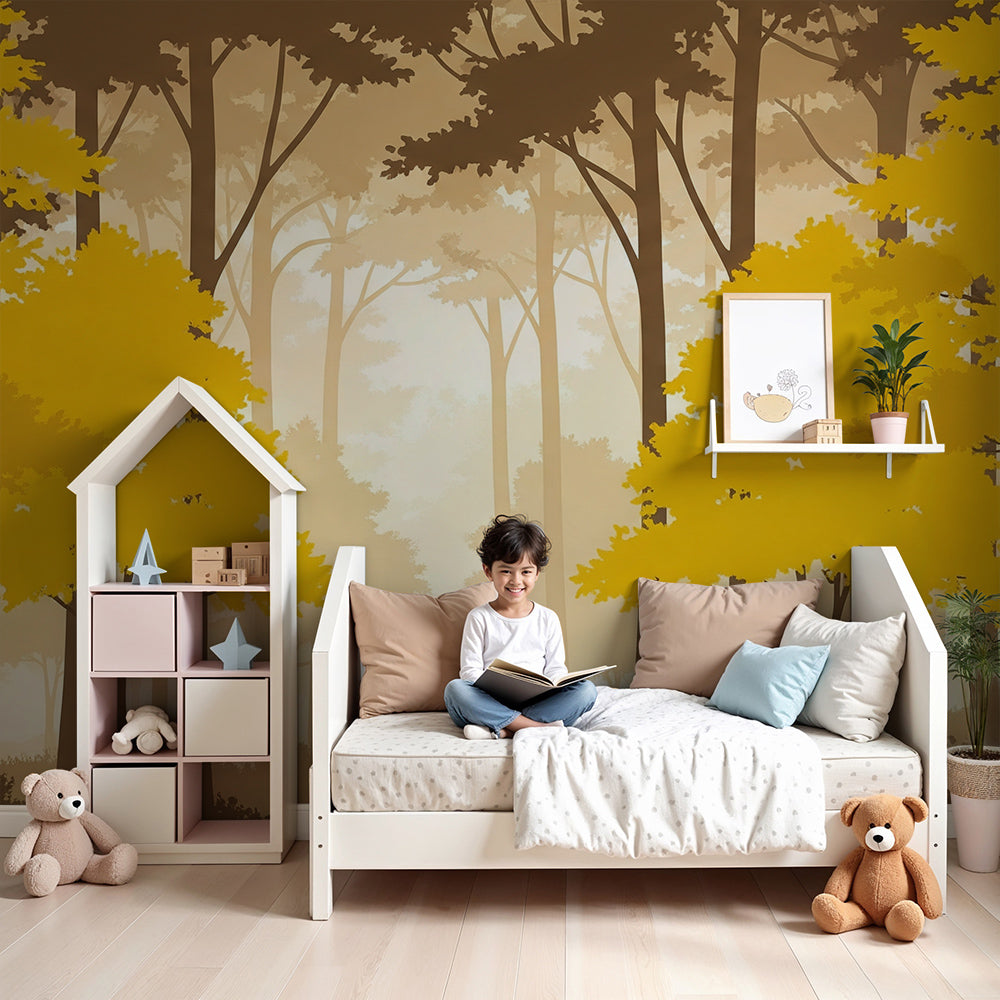 Kids-Mundo golden mist forest wall mural styled behind a cot in a calm nursery