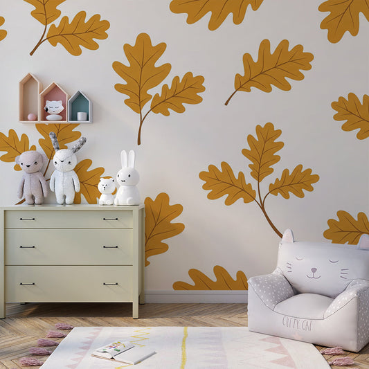Kids-Mundo golden oak leaf wall mural in a warm kids bedroom with a bed and wooden furniture
