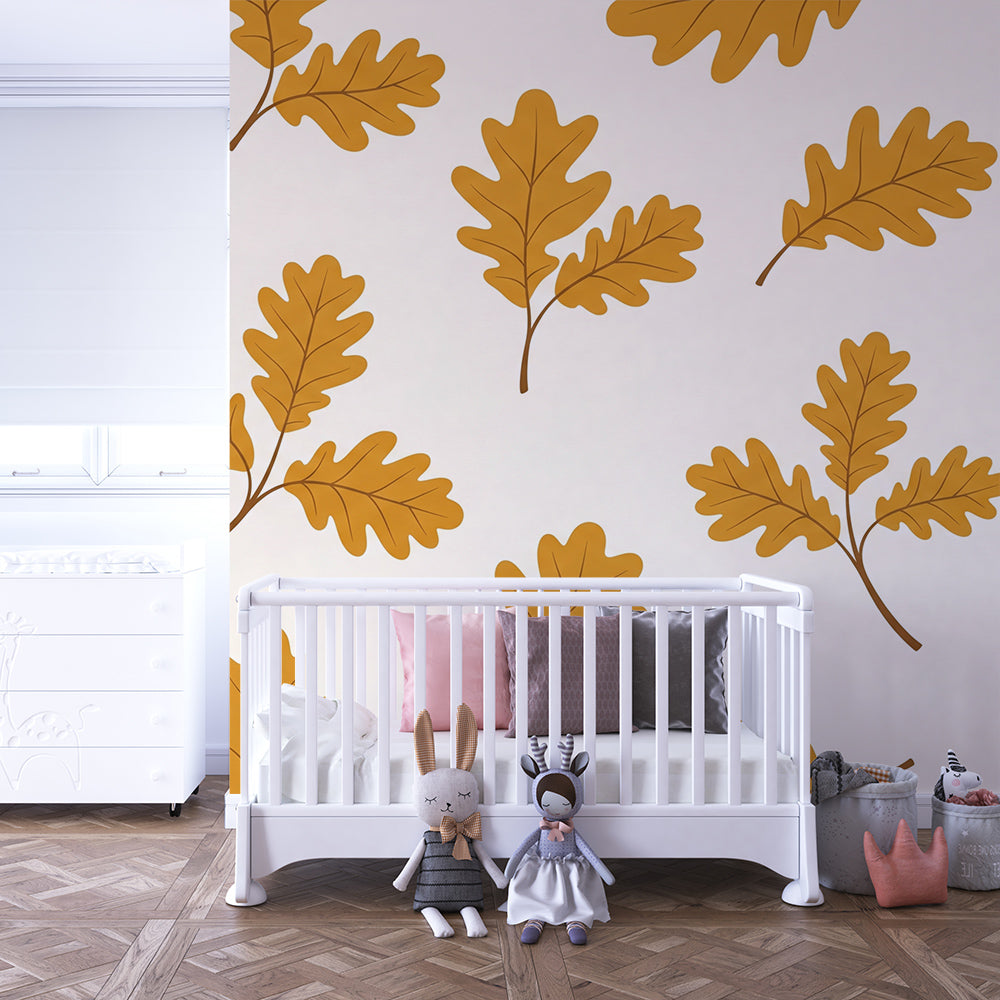 Kids-Mundo golden oak leaf wall mural brightening a playroom corner with toys and soft rugs