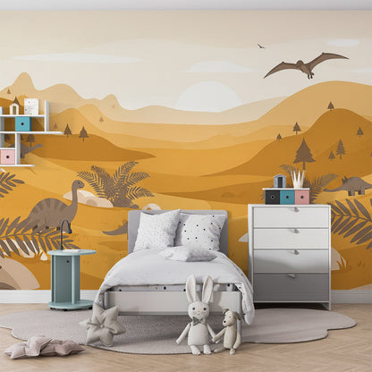 Kids-Mundo dinosaur valley wall mural covering a feature wall in a child's bedroom.
