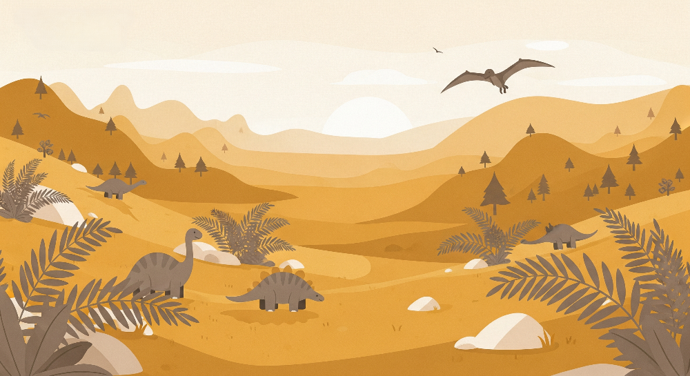 Kids-Mundo flat artwork preview of the golden prehistoric valley dinosaur mural design.