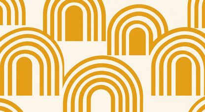 Flat artwork of the Kids-Mundo nested golden rainbow arches repeating across a cream background