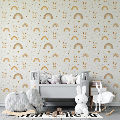 Kids-Mundo bunny and golden rainbow pattern mural on a cosy kids bedroom wall