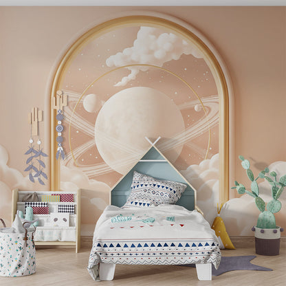 Kids-Mundo golden ringed planet mural as a striking feature wall in a kids bedroom