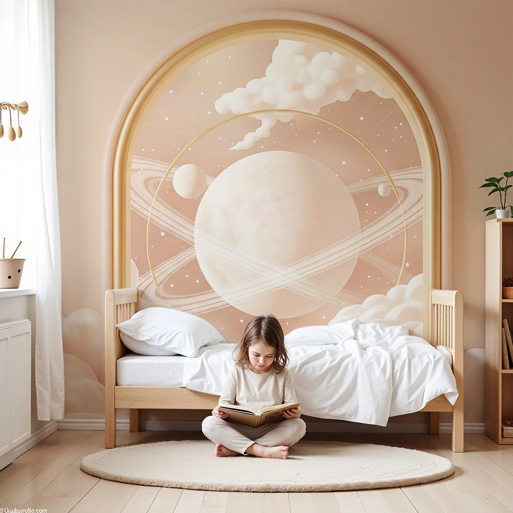 Kids-Mundo golden arch ringed planet wall mural styled as elegant nursery wallpaper