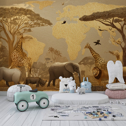Kids-Mundo safari animal wall mural with world map above a bed in a bedroom
