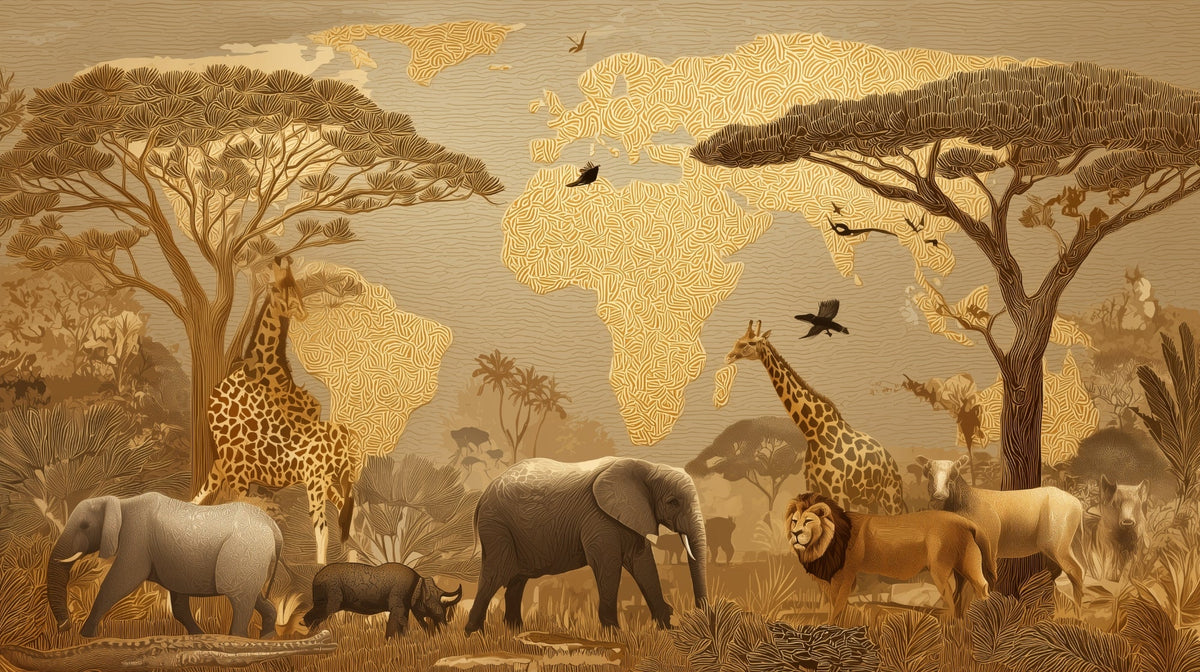 Golden Safari Animals and World Map Wall Mural